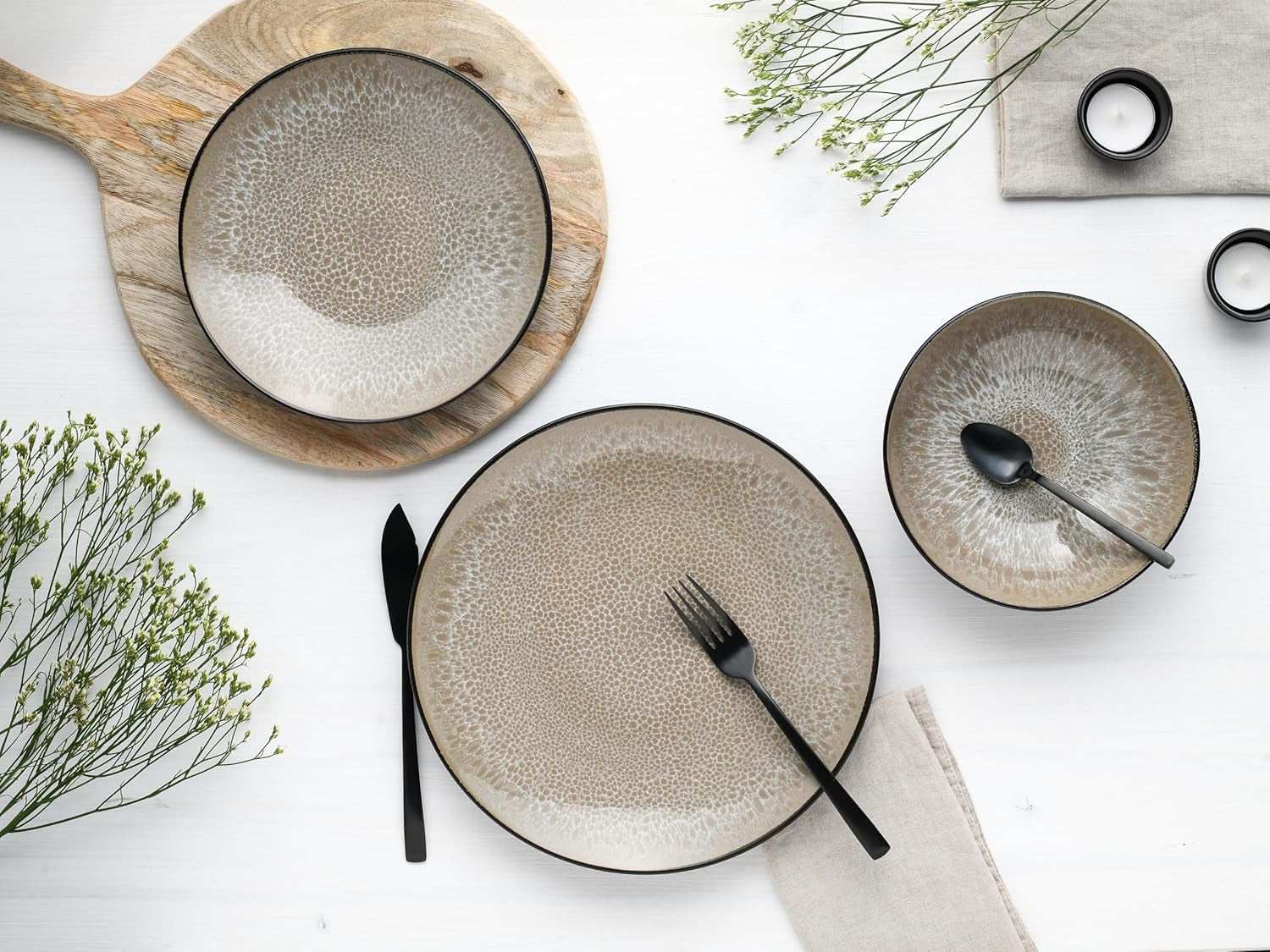 CreaTable, 24464, Seria Malmö Bej, set de veselă cu 18 piese pentru 6 persoane, set de farfurii din gresie, potrivit pentru mașina de spălat vase și cuptorul cu microunde, producție de calitate