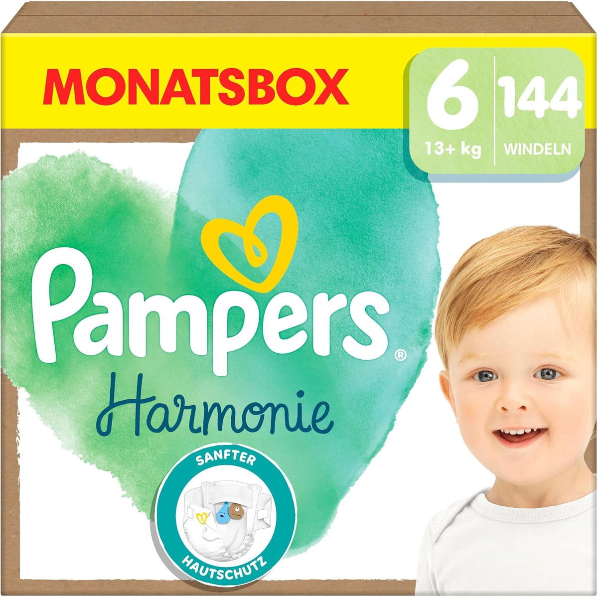 Pieluchy Pampers Harmony Rozmiar 6, 144 pieluszki, 13kg+, Delikatna ochrona skóry ze 100% ochroną Pampers