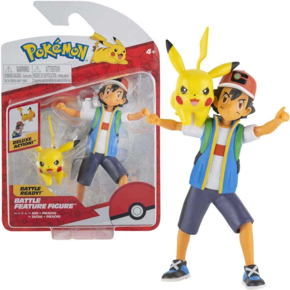 Pokémon PKW2473 - Battle Feature Figure - Ash & Pikachu, figuri mobile oficiale, 11,5 cm Ash și 5 cm Pikachu Action figures Naty Shop Ash și Pikachu