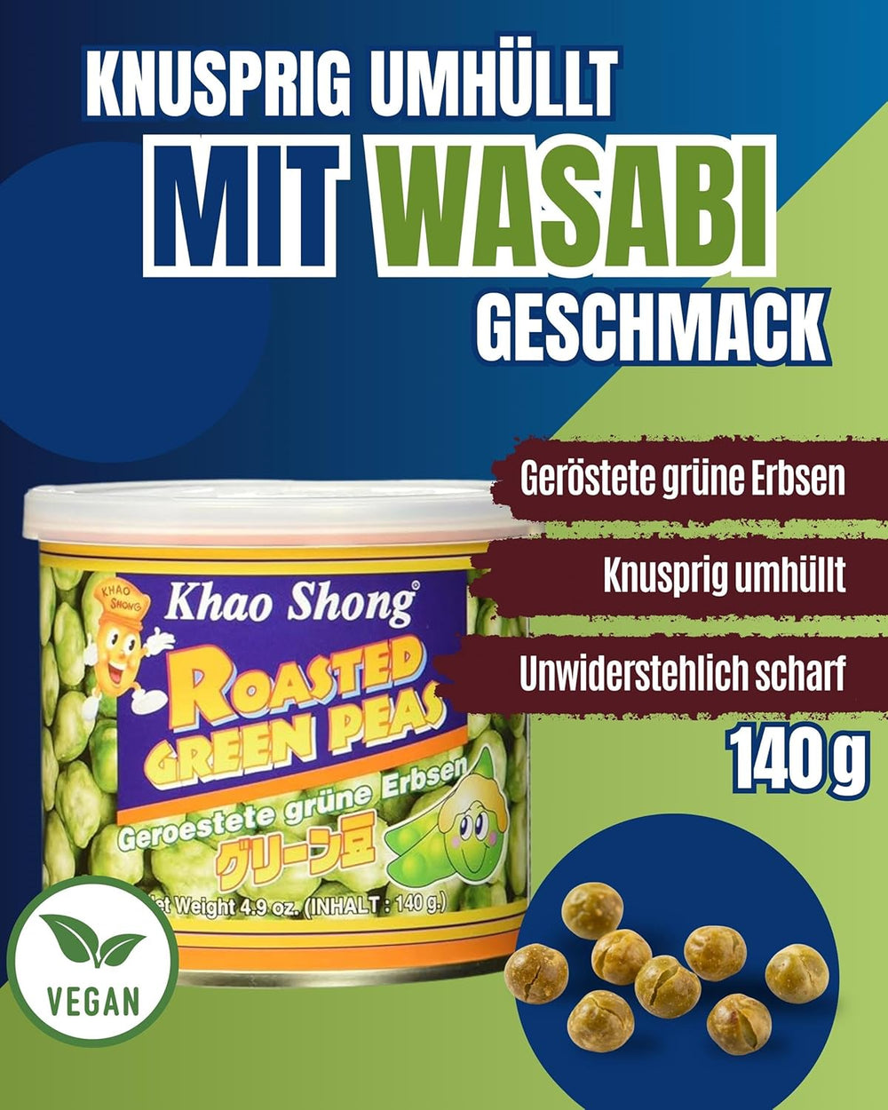 Khao Shong Smażony zielony groszek z wasabi, chrupiący groszek w pikantnej panierce, niskotłuszczowa alternatywa dla orzechów, średnio ostry, puszka 1 140 g | 140 g (1 opakowanie)