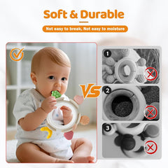 Jucărie senzorială cu inel de dentiție pentru bebeluși de 0, 3, 6, 7, 8, 9, 10 și 12 luni, ajutor pentru dentiție, jucărie pentru nou-născuți, 3, 6, 12 și 18 luni, băieți și fete, cadouri de Paște pentru petrecerea baby shower, maro