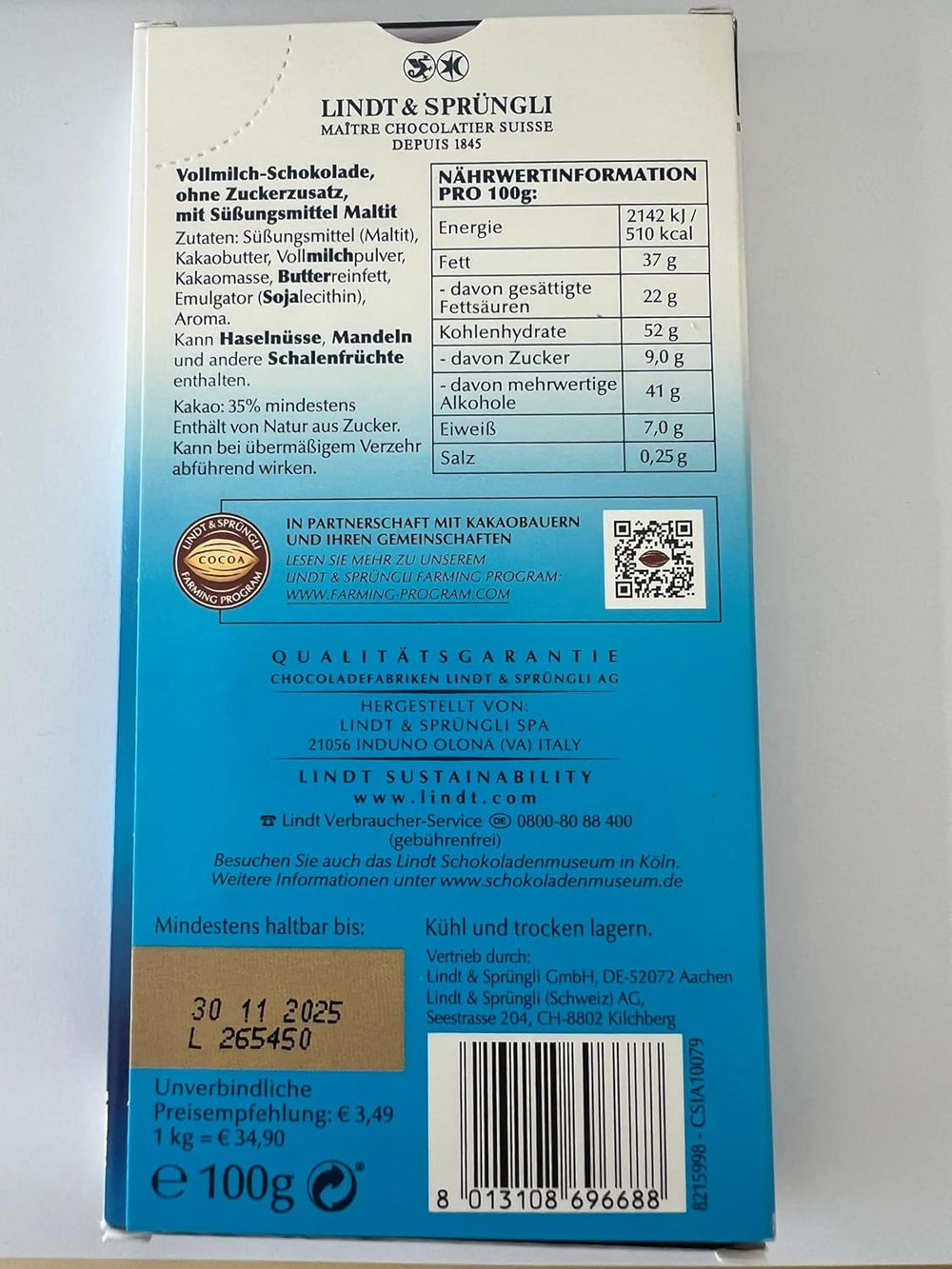 Czekolada mleczna Lindt bez dodatku cukru | Batonik 100g | Najlepsze i bezglutenowe | Czekoladowy prezent