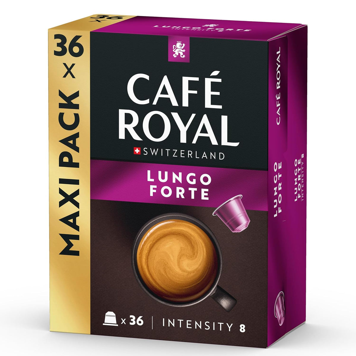 Café Royal Lungo Forte – Nespresso®-kompatible Kaffeekapseln, 100 % Arabica, würzig, dunkle Röstung, Intensität 8/12, Rainforest Alliance, 36 Kapseln