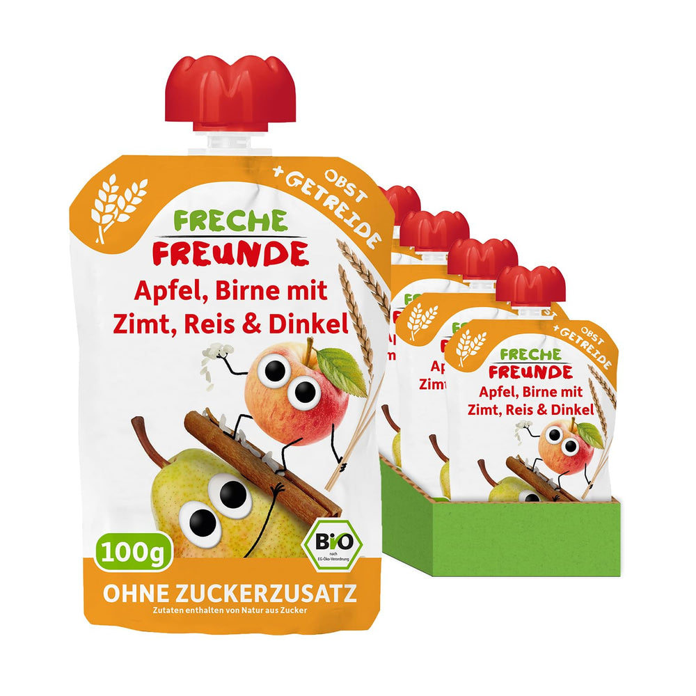 FRECHE FREUNDE Organiczne saszetki owocowe do wyciskania Jabłko Cynamon Gruszka Ryż Orkisz Puree owocowe ze płatkami zbożowymi dla niemowląt 6 miesięcy + Wegańskie 6 szt. (6 x 100 g)