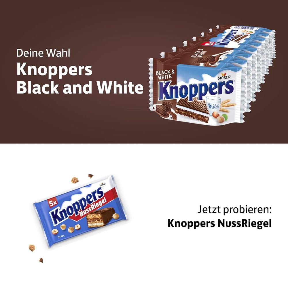 Knoppers Biało-Czarny – 8 x 25g – Plastry wafla nadziewane waflami ciemnego kakao, kawałkami czarnych herbatników, mlekiem i kremem nugatowym
