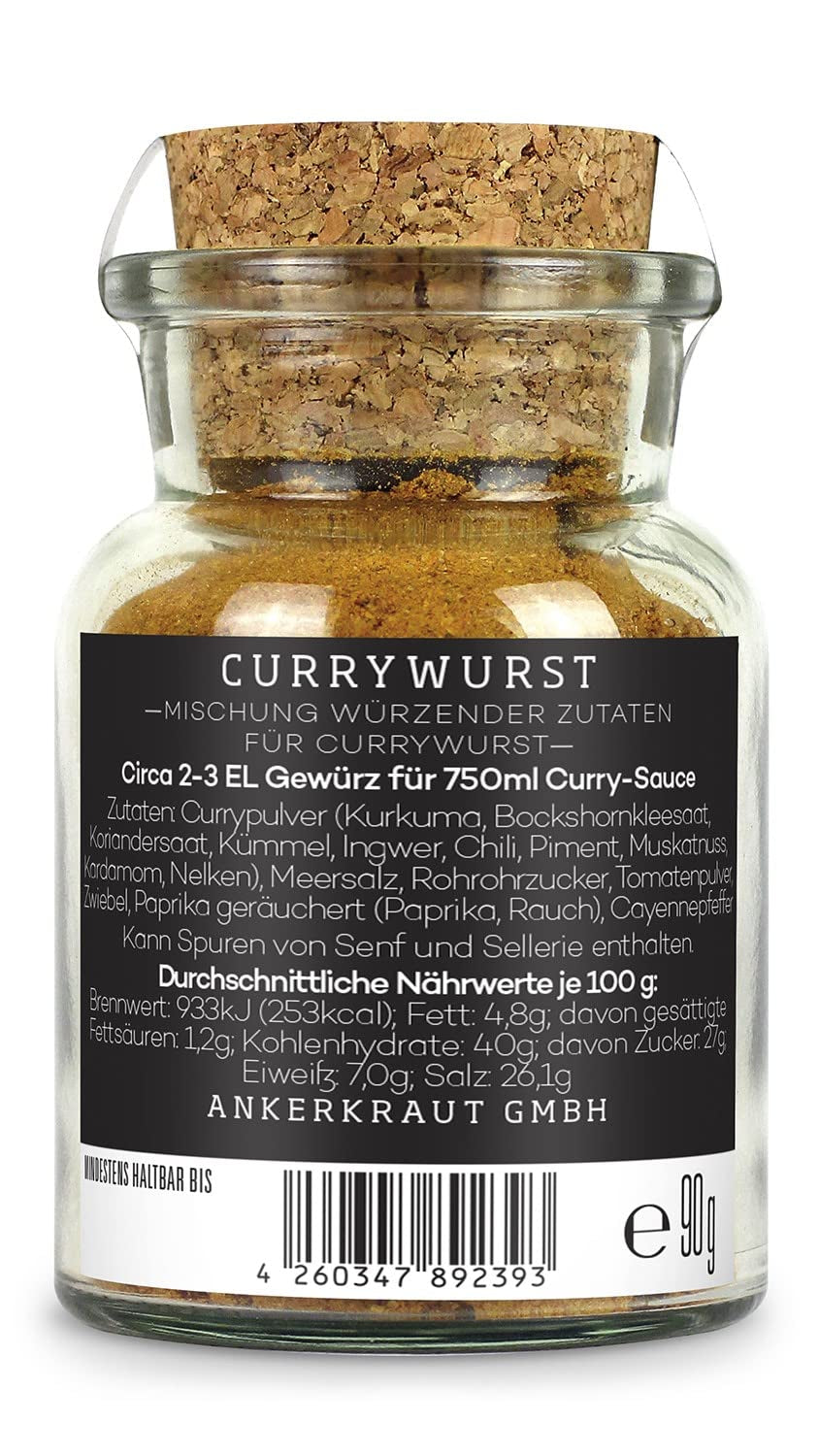 Ankerkraut Currywurst, 90 g w szkle korkowym, Gewürzmischung zum Anmischen selbstgemachter Currywurst-Sauce lub jako dodatek