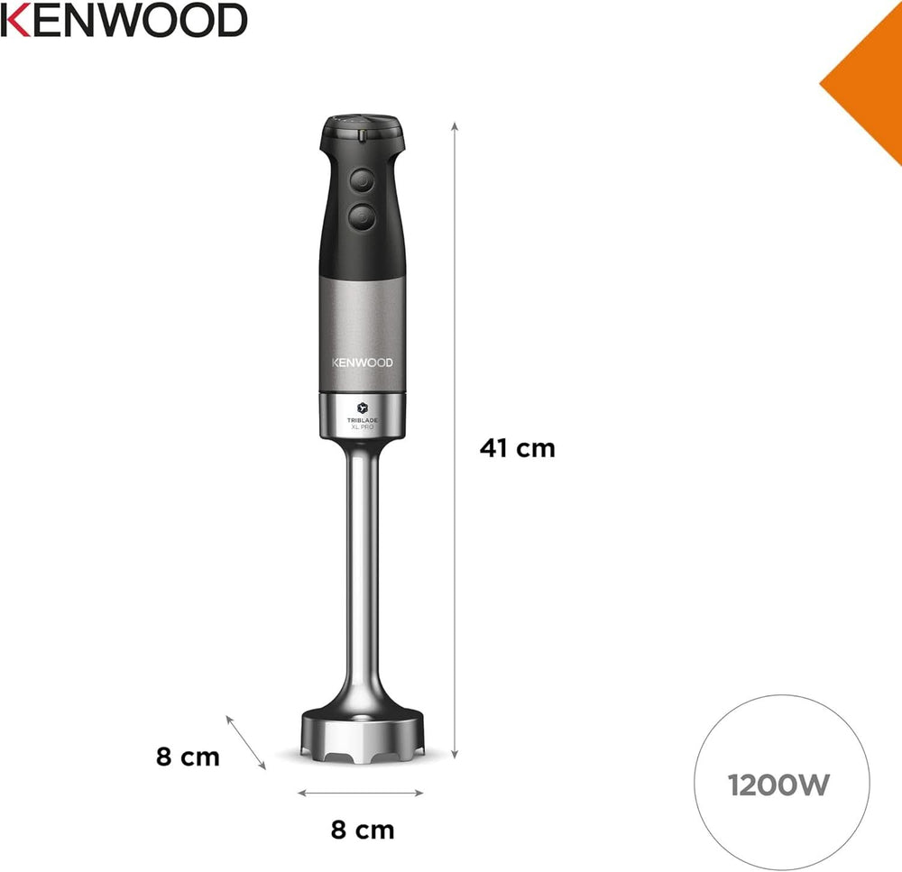 Kenwood Triblade XL Pro Stabmixer HBM80.322BK, 1200W, Zmienna prędkość, Edelstahl(Pürierfuß), Schneebesen, Emulgieraufsatz, 500Ml Zerkleiner, 700 i 250Ml Becher, Spülmaschinenfeste Teile Bucatarie Naty Shop