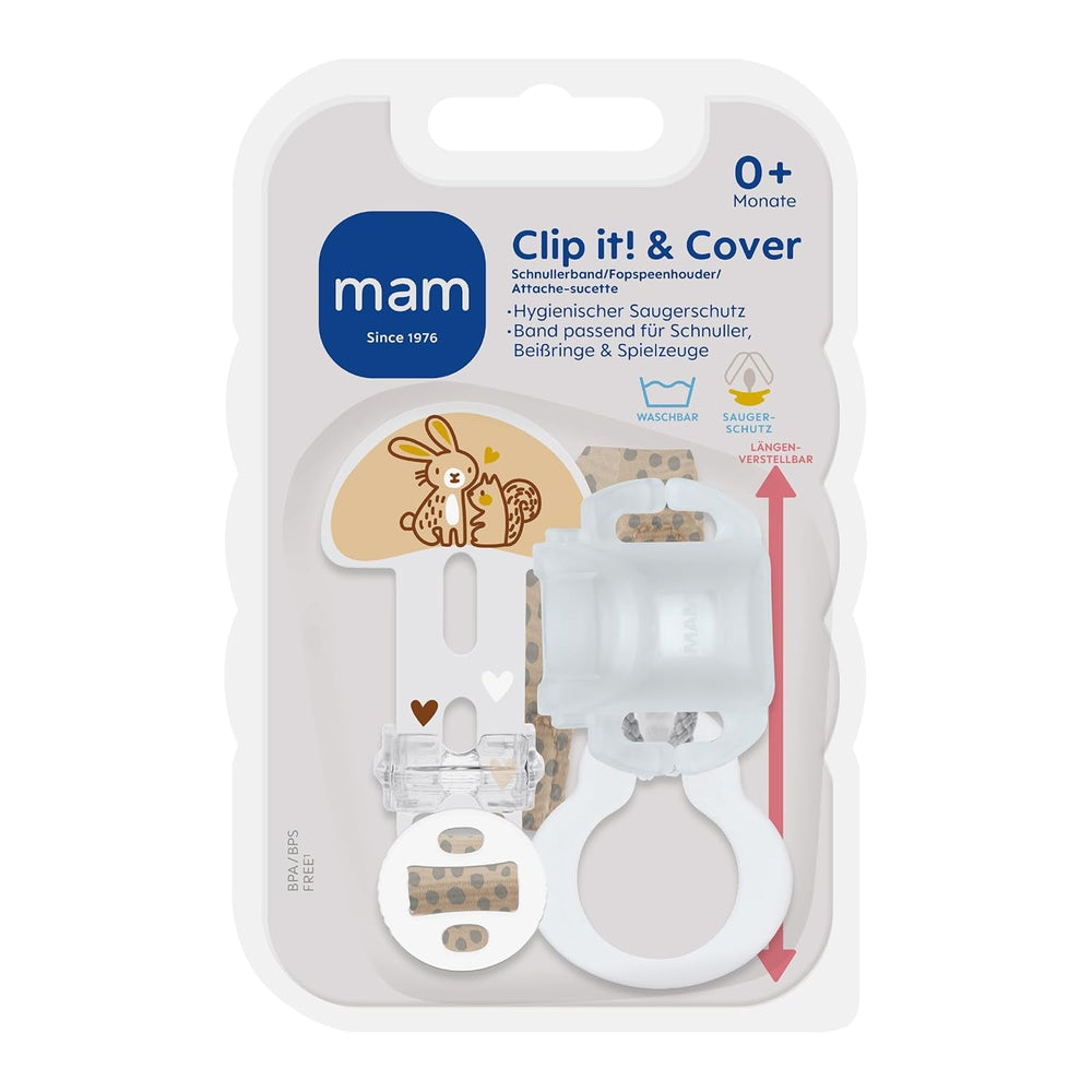 MAM Clip it! & Cover Curea pentru suzetă cu protecție pentru tetină, Suport pentru suzetă reglabil în lungime cu inel detașabil, Potrivit pentru suzete, inele de dentiție și jucării, Iepure