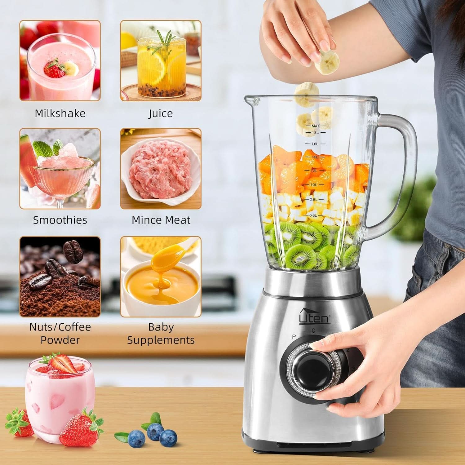 Uten Standmixer 2L, 1800 W Mixer Hochleistungsmixer, Pulse Und 5 Geschwindigkeiten, Edelstahlgehäuse, 6 Klingen, Macht Milchshake-Smoothies, Mahlbare Kaffeebohnen Matka i Dziecko Naty Shop