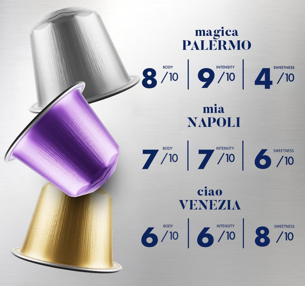 Caffè Borbone Verkostung Kit, 90 Aluminium-Kapseln: 30 Mia Napoli, 30 Ciao Venezia, 30 Magica Palermo, (3 x 30 Stück) – Kompatibel mit Kaffeemaschinen für den Hausgebrauch der Marke Nespresso®*