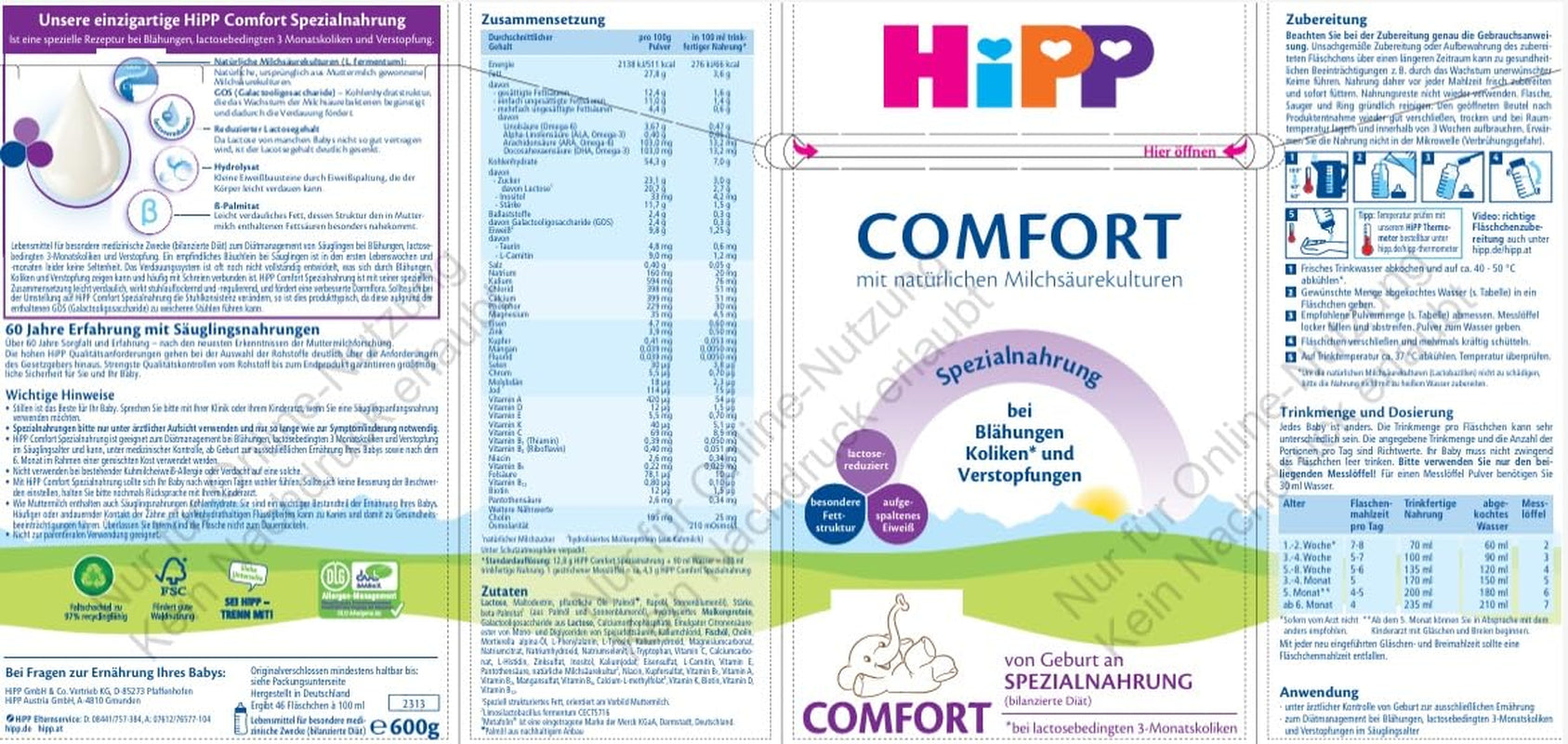 Specjalna formuła HiPP Comfort (4 x 600 g), od urodzenia, o obniżonej zawartości laktozy, do dietetycznego leczenia kolek, wzdęć i zaparć
