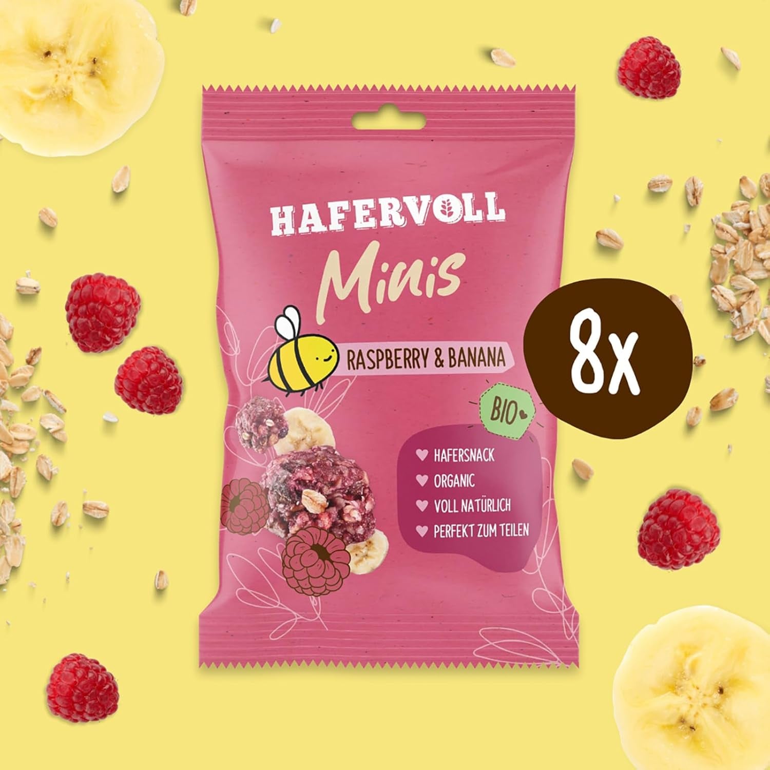 HAFERVOLL Minis Rzepak i Banan 8x 65g - Certyfikowane organiczne, z miodem, bez dodatku cukru, idealne do dzielenia się