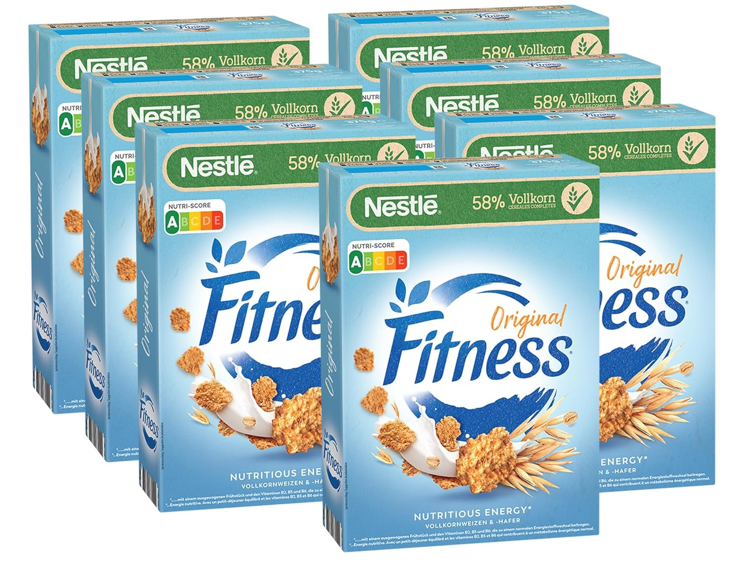 Nestlé Fitness Płatki śniadaniowe zawierające 57% pełnych ziaren i mniej cukru Płatki śniadaniowe z witaminami B2, B6, wapniem i żelazem, 7 opakowań (7 x 375 g)