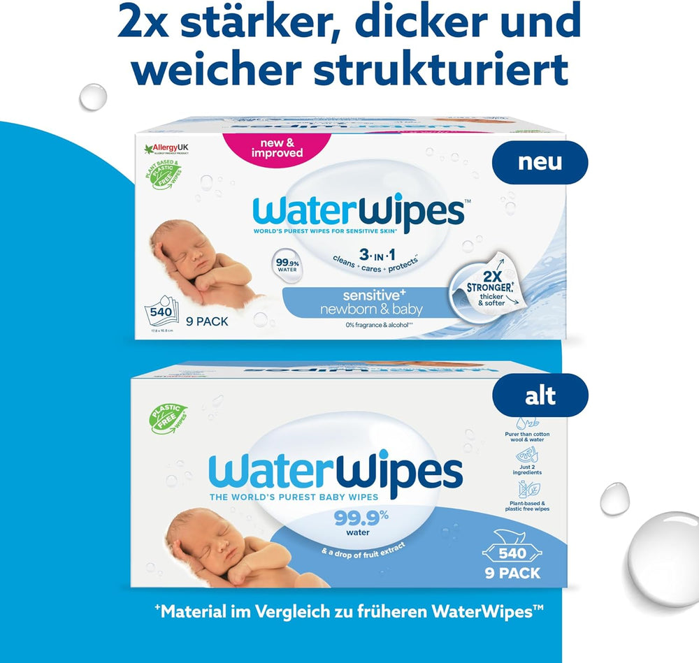 WaterWipes Sensitive+ Chusteczki nawilżane dla noworodków i niemowląt, 540 sztuk (9 opakowań), 3 w 1 czyszczenie, pielęgnacja, ochrona, 99,9% wody, bez substancji zapachowych