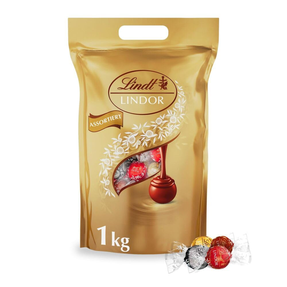 Klasyczny asortyment kulek czekoladowych Lindt LINDOR | ok. 80 kulek czekolady (mleczna, biała, gorzka 60%, orzechowa) | Opakowanie zbiorcze, 1 kg