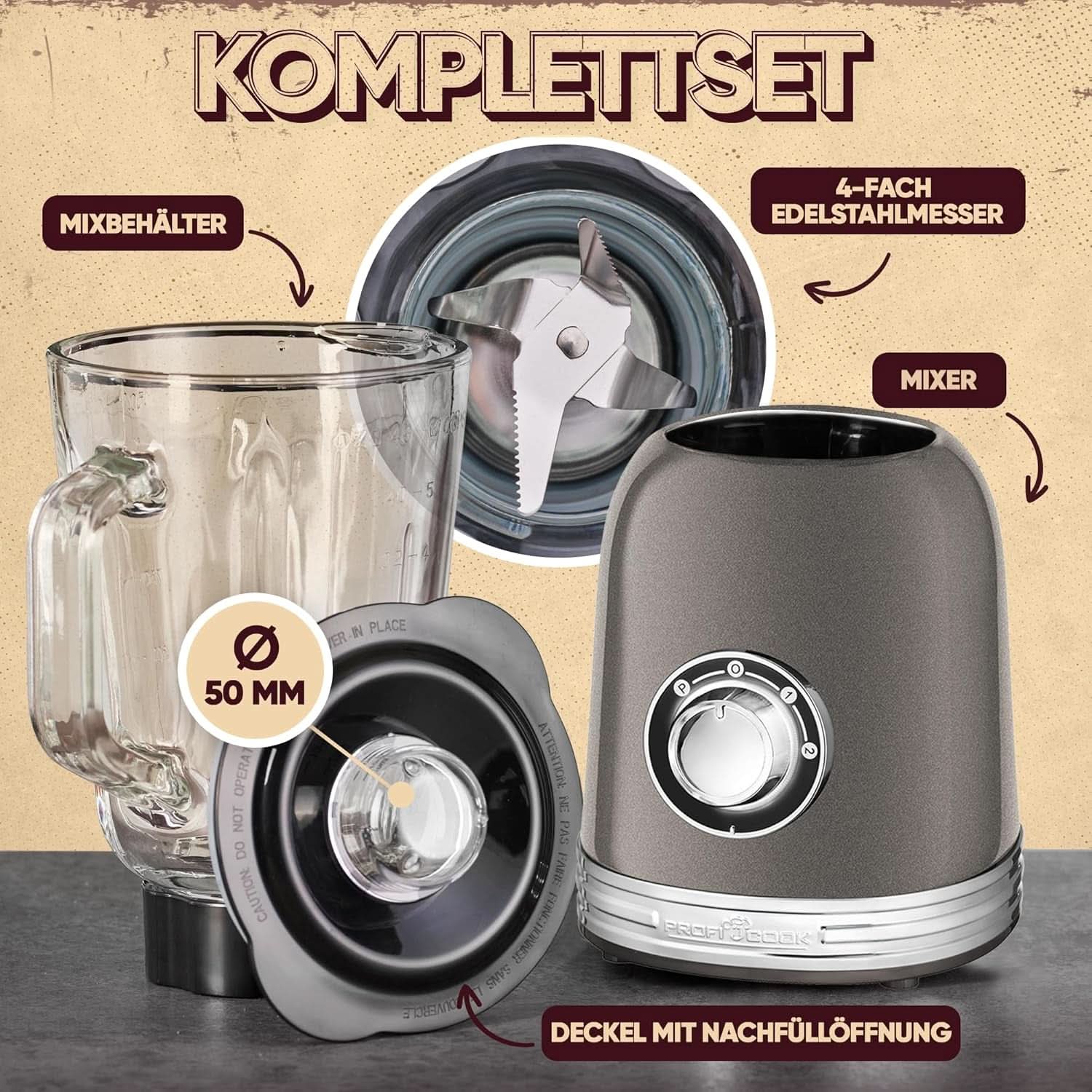 Proficook® Mikser stojący Mit Massivem 1,5L Glas-Behälter, Ice Crush & Turbo-Modus - Blender Mit 4Fach Piranha-Messer Aus Edelstahl - Hochleistungsmixer Mit Metallgehäuse 800W, PC UM 1195 Anthrazit Mother and Child Naty Shop