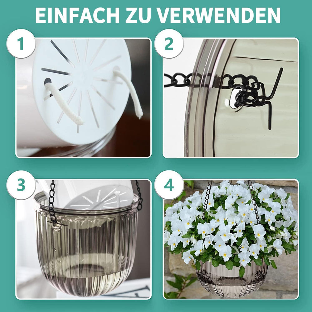 Zestaw 2 samonawadniających się wiszących donic, wisząca doniczka o średnicy 16,5 cm z 3 haczykami i otworami drenażowymi do użytku wewnątrz i na zewnątrz, dekoracja sufitu, balkonu i ściany (szara)