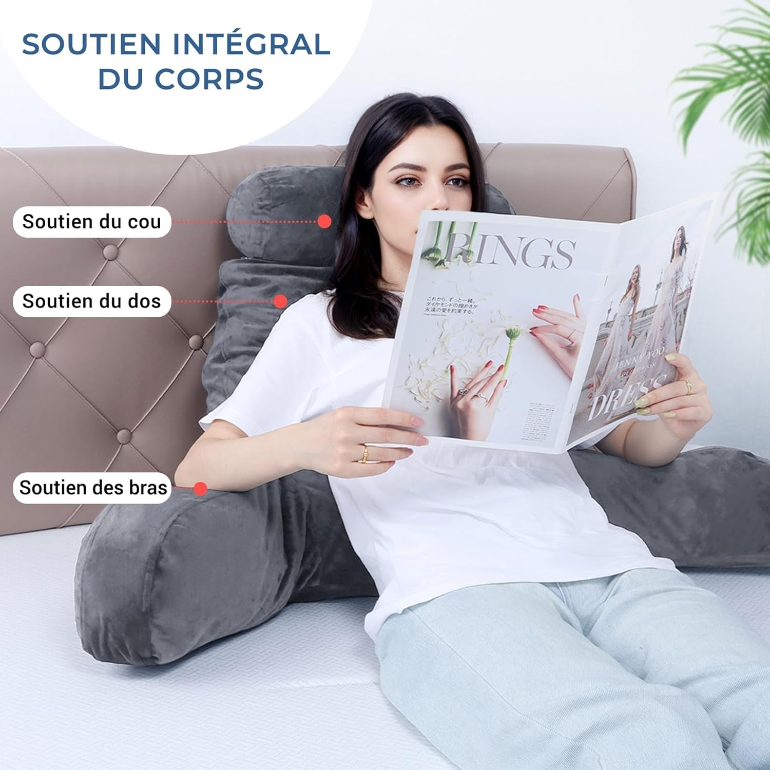 Pernă ergonomică pentru citit INFANZIA cu cotiere, suport pentru spate, mare, gri