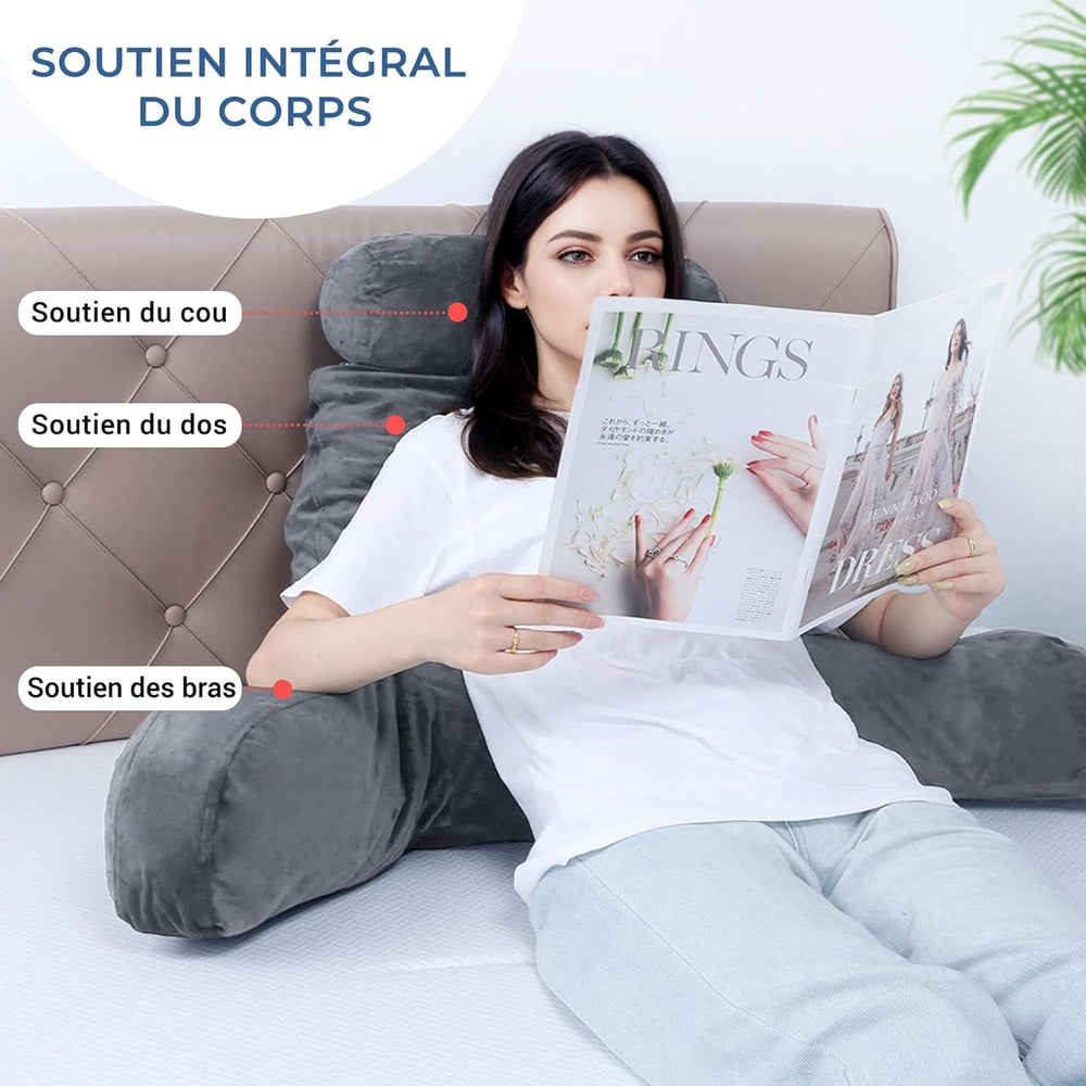 Pernă ergonomică pentru citit INFANZIA cu cotiere, suport pentru spate, mare, gri