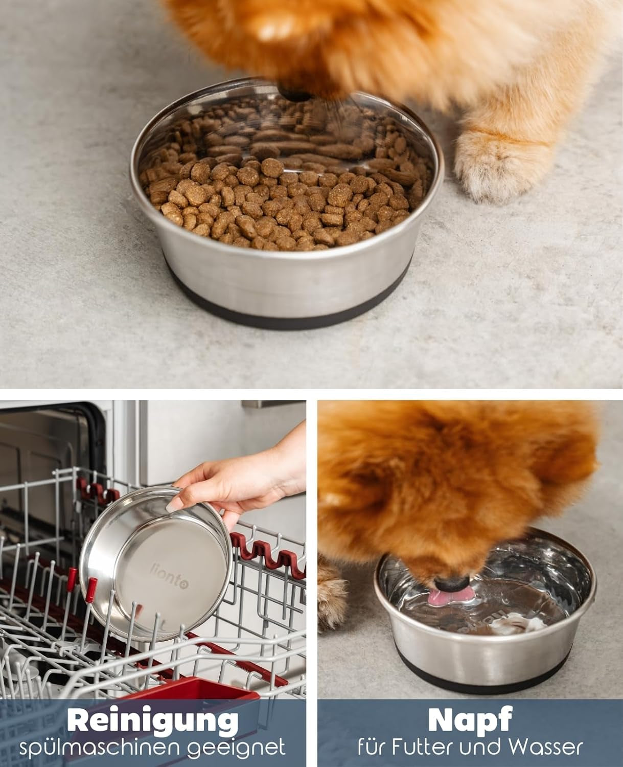 lionto Futternapf aus Edelstahl, 600 ml, lebensmittelechter Hundenapf mit rutschfestem Silikonboden, rostfreier Wassernapf für Hunde und Katzen, spülmaschinenfest