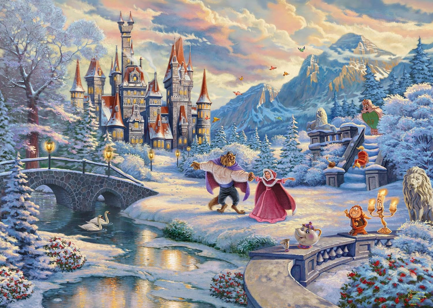 Schmidt Spiele 59671 Thomas Kinkade, Disney, Piękna i Bestia, Magiczny zimowy wieczór, układanka 1000 elementów Puzzle Naty Shop