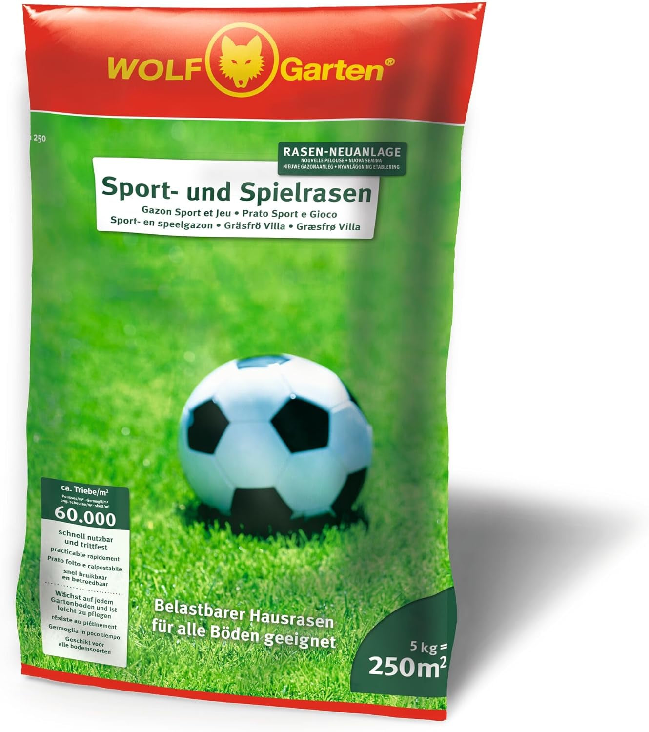 Wolf-Garten Sport- & Spielrasen LG 125 (Für 125 M², Schnell Nutzbar & Trittfest, Strapazierfähiger Rasen Für Sport- & Spielplätze, Hausgarten, Für Alle Bodenarten Geeignet, Im 2,5 Kg Beutel) 3825020