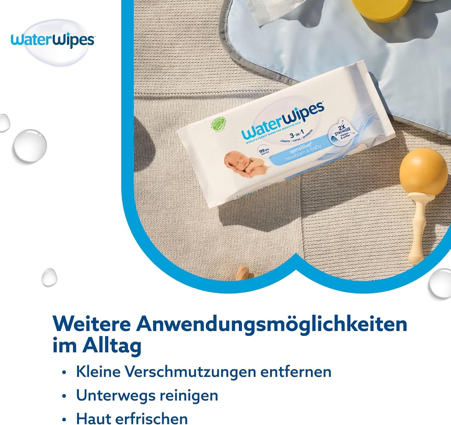 WaterWipes Sensitive+ Chusteczki nawilżane dla noworodków i niemowląt, 360 sztuk (6 szt.), 3 w 1 czyszczenie, pielęgnacja, ochrona, 99,9% wody, bez substancji zapachowych