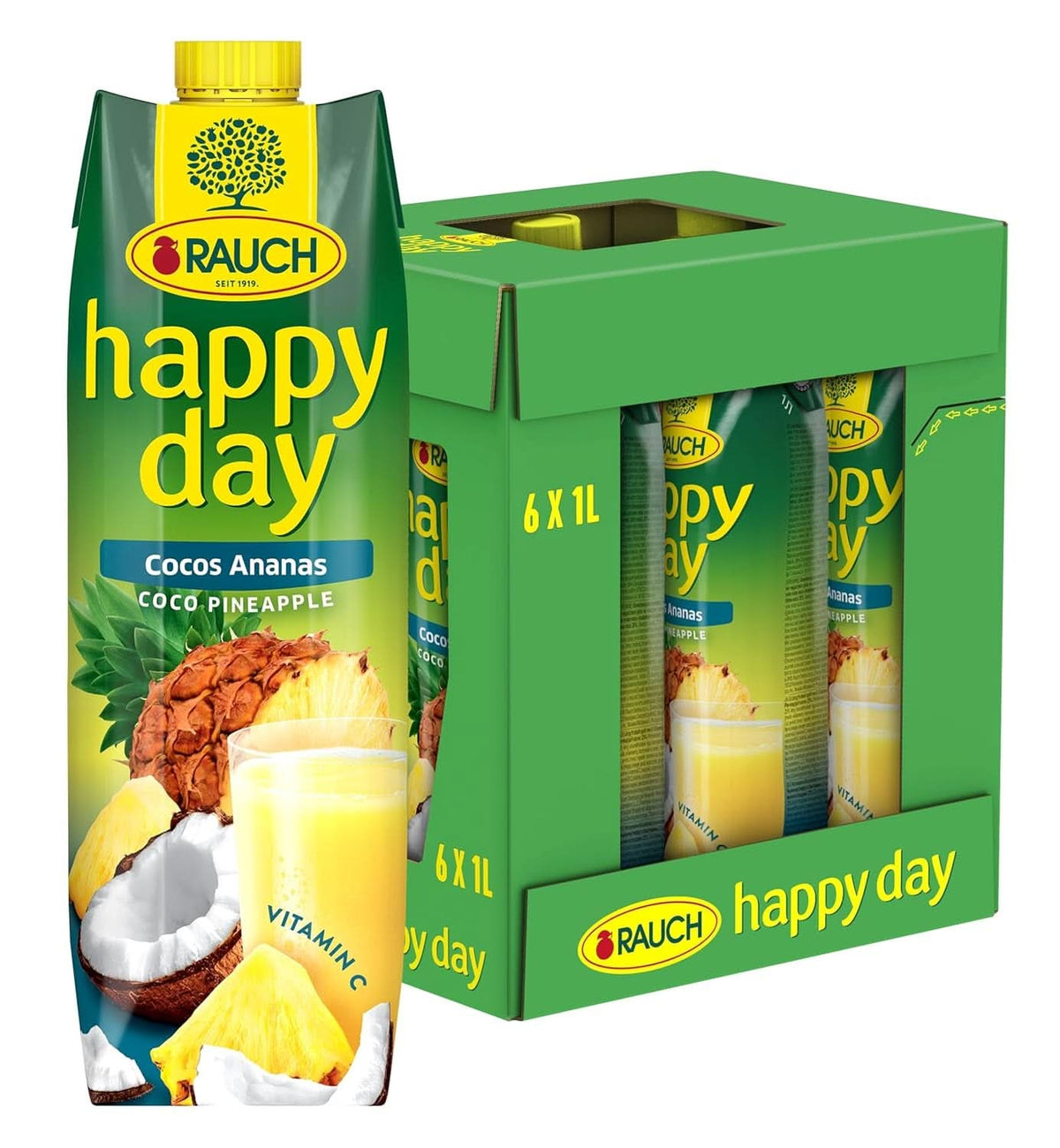Rauch Happy Day Kokosowo-Ananas | Wycieczka na Karaiby | Sok owocowy ananasowy i woda kokosowa | 6 x 1 litr, Tetra Prisma Napoje bezalkoholowe Naty Shop