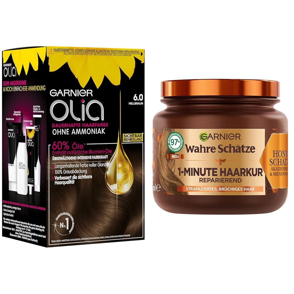 Garnier Olia Hair Colour 6.0 Light Brown + True Treasures Repair Treatment (340ml) pentru păr deteriorat - colorare fără amoniac, uleiuri naturale, acoperire păr gri, miere și ceară de albine, mai puțină rupere a părului Vopsea pentru par Naty Shop Culoarea părului + tratament reparator