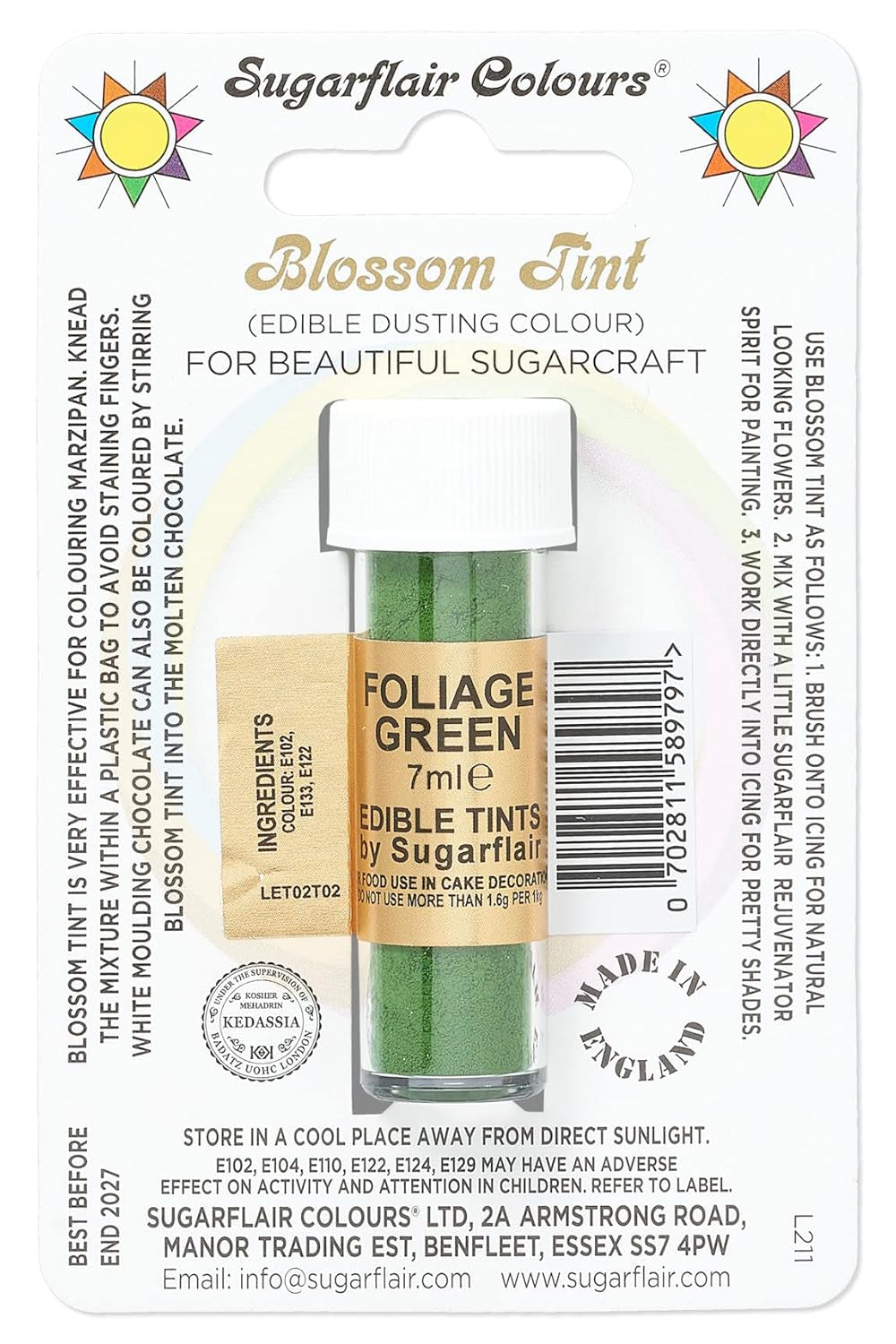 Colorant alimentar pudră Sugarflair Blossom Tint Dusting - Pudră de colorant alimentar pentru decorarea pastei de zahăr colorate, fondantului, glazurii, ciocolatei, cremei de unt, macaroanelor - 7ml