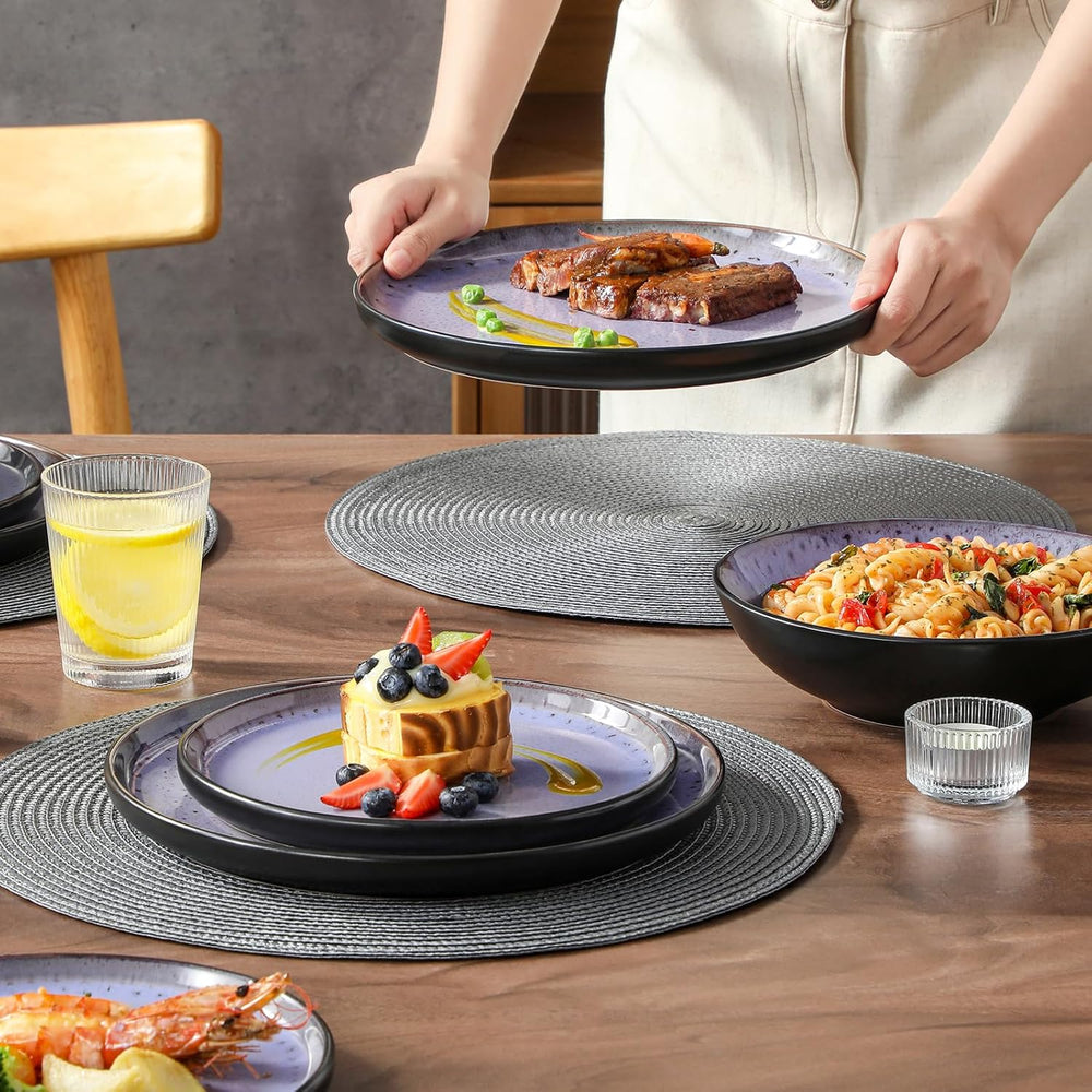 Steingut Geschirrset 6 Personen, vancasso AMBER Teller Set 6 Personen, Tafelservice 24tlg mit Speiseteller, Dessertteller, Suppenteller, Schüssel, Reaktive Glasur, Abendviolett, Spülmaschinenfest