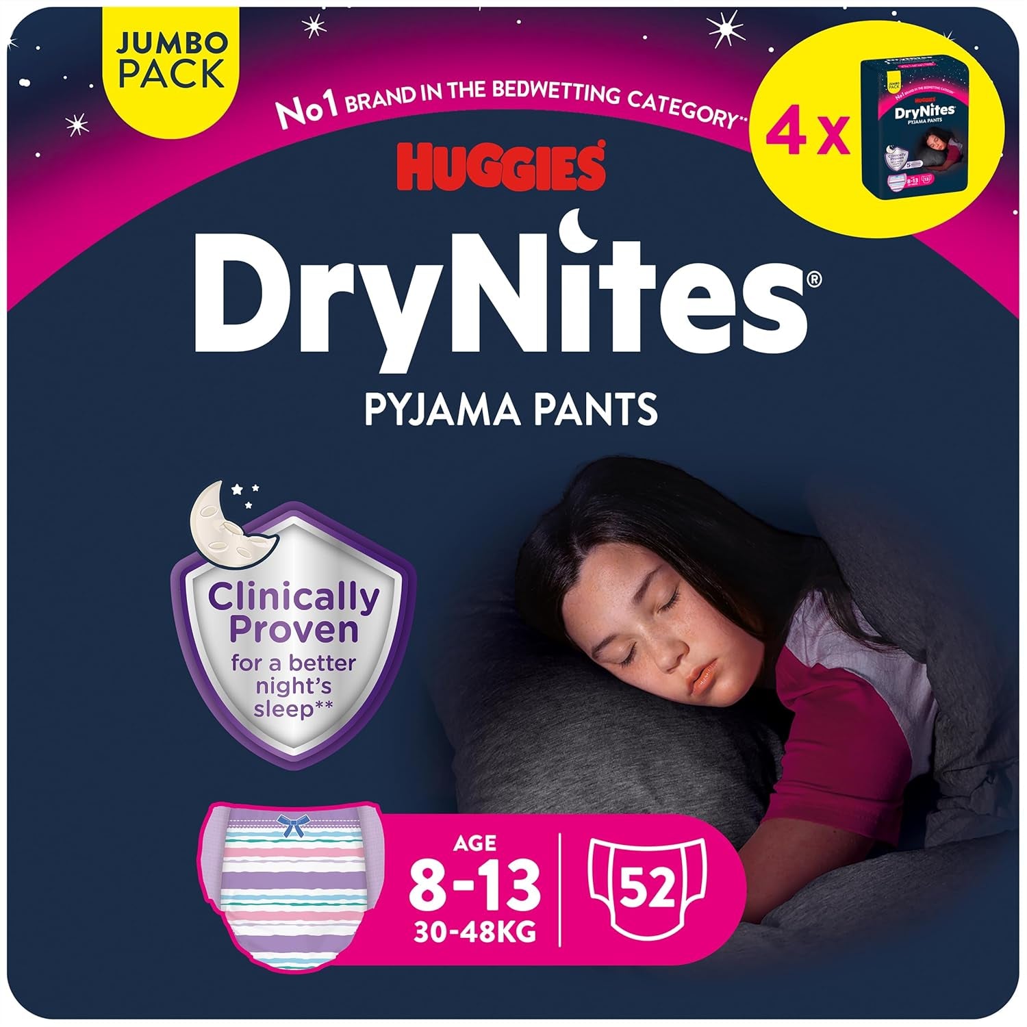 Huggies DryNites Pieluchy na noc dla chłopców w wieku od 13 do około 8–13 lat (30–48 kg) 33 sztuki (3x11) Jumbo miesięczne opakowanie XL Majtki Vazba Bath Products