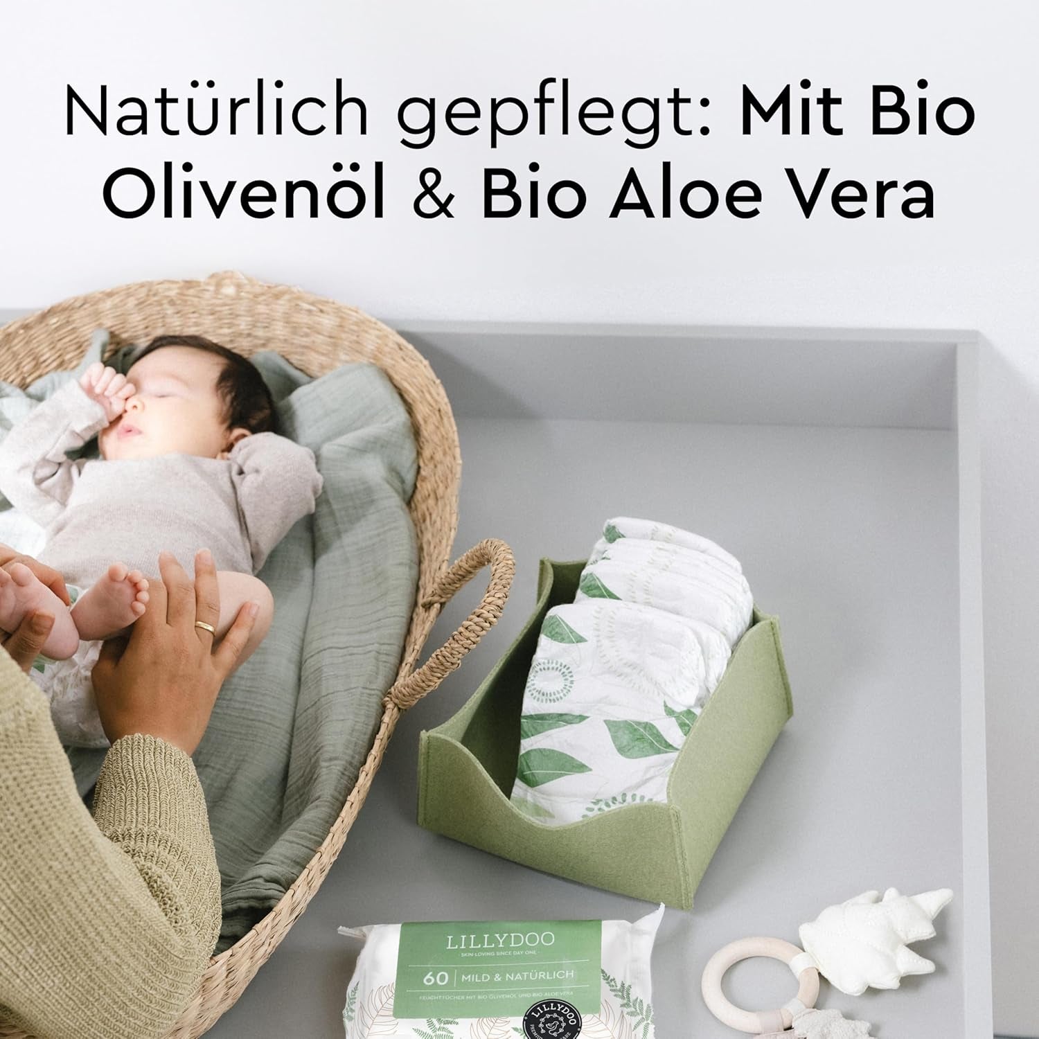 LILLYDOO Zielone chusteczki nawilżane, 600 szt. (10 x 60), odporne na rozdarcia chusteczki w 100% wolne od plastiku - bezzapachowe, delikatne i naturalne, delikatnie oczyszczają wrażliwą skórę, testowane dermatologicznie