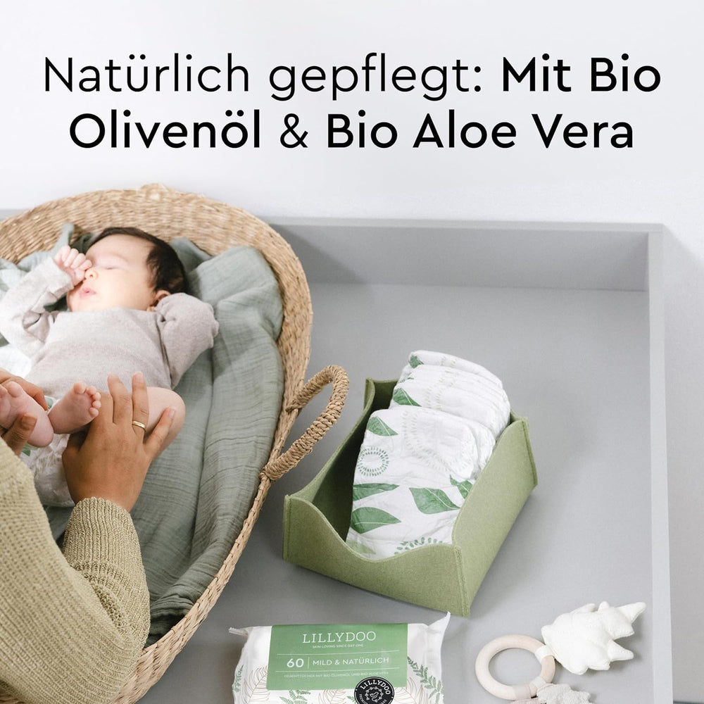 LILLYDOO Zielone chusteczki nawilżane, 600 szt. (10 x 60), odporne na rozdarcia chusteczki w 100% wolne od plastiku - bezzapachowe, delikatne i naturalne, delikatnie oczyszczają wrażliwą skórę, testowane dermatologicznie