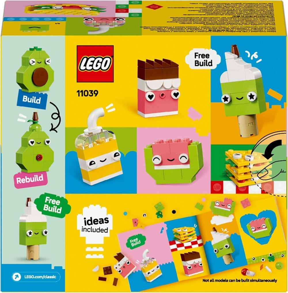 LEGO Classic Kreatywne budowanie przekąsek, zabawka w kształcie jedzenia do pomysłowego odgrywania ról, zestaw do budowania dla chłopców i dziewcząt w wieku 4 lat, babeczka, awokado, lody na patyku i taco 11039 Zestawy do budowania Besuche den LEGO-Store