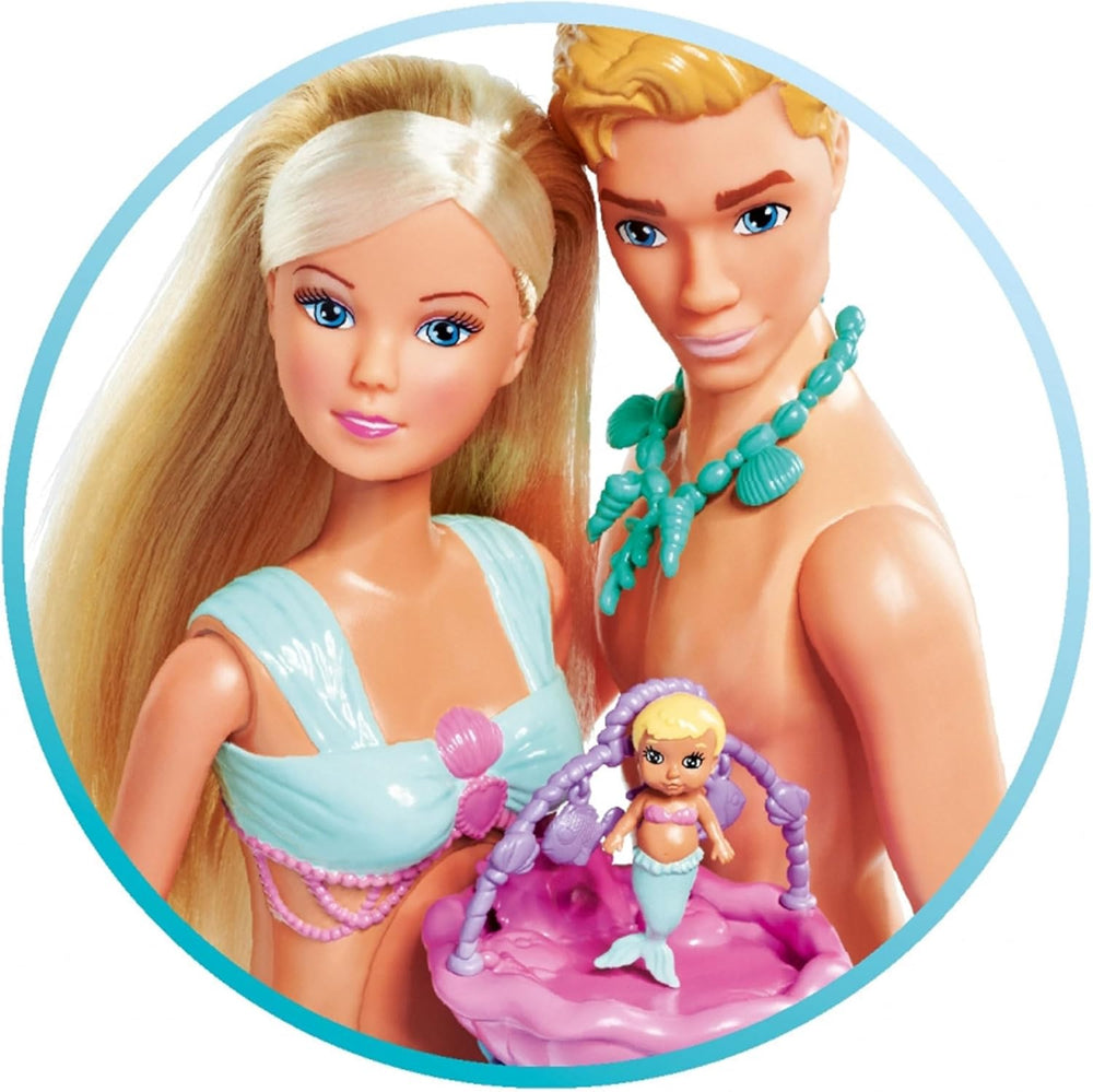 Simba 105733524 - Steffi Love Mermaid Family, Păpușă Sirenă Însărcinată cu Kevin în rolul de Sirenă, cu Pătuț pentru Bebeluși, Păpuși la Modă de 29 cm, Păpuși de Joacă, pentru Copii de la 3 Ani în sus