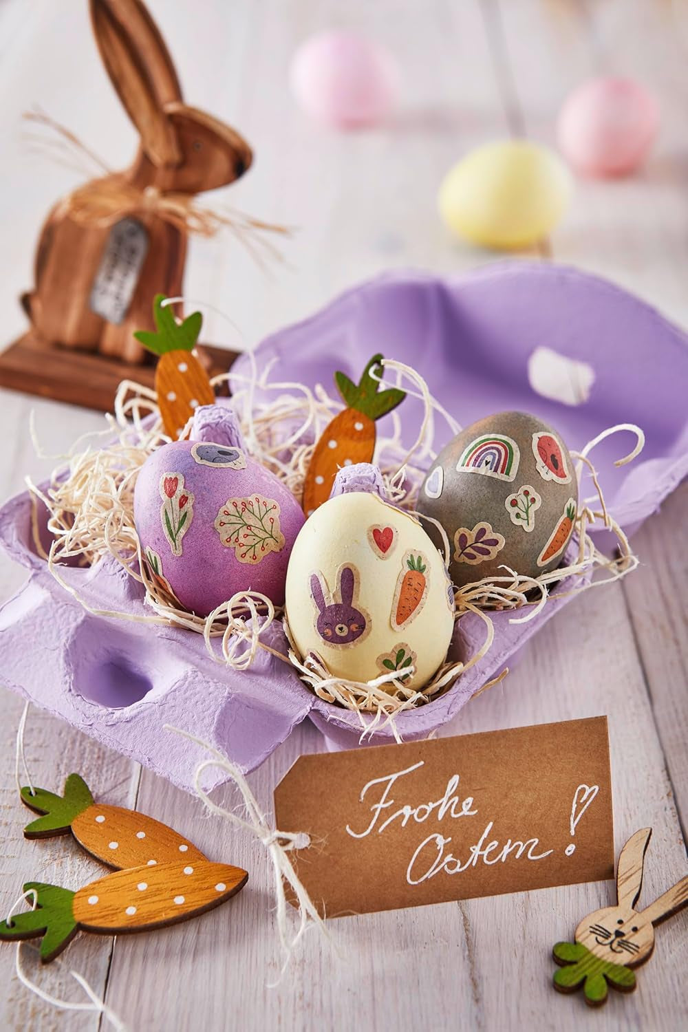 Set de vopsire naturală Heitmann Egg Dye, 3 pudre de colorare pe bază de ou (galben, violet, gri-albastru), foaie de autocolante din hârtie cu iarbă