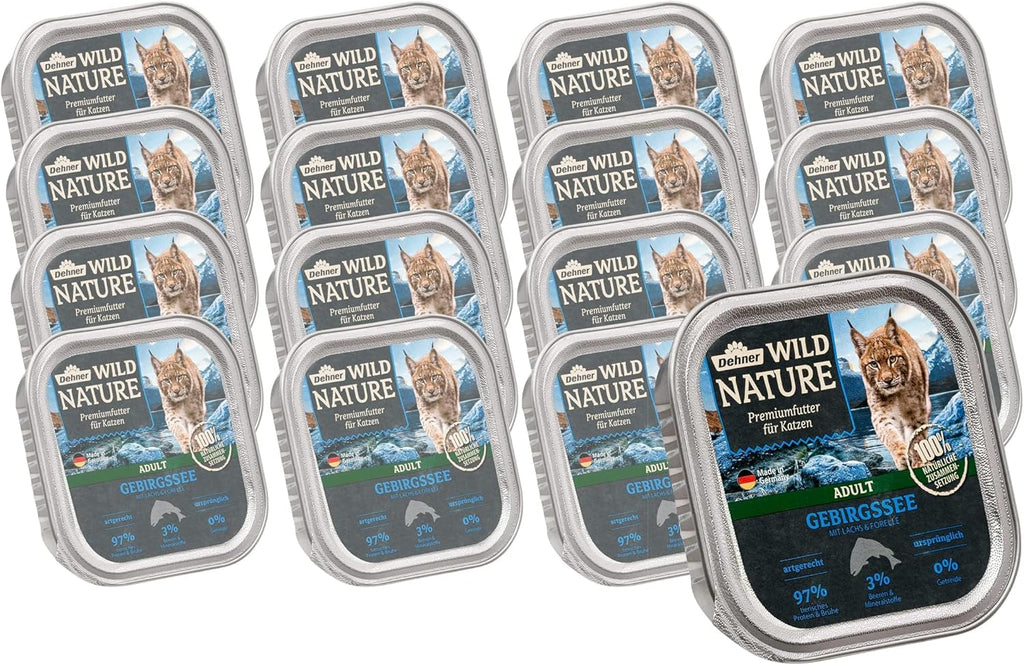Dehner Wild Nature hrană pentru pisici Gebirgssee, hrană umedă fără cereale / fără zahăr, pentru pisici adulte, somon / păstrăv, bol 16 X 100 G (1,6 kg)