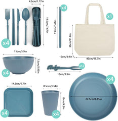 Set de veselă de camping cu 53 de piese pentru 4 persoane, veselă de camping indestructibilă pentru 4 persoane, set de veselă din plastic ușor cu geantă de transport, farfurii și boluri stivuibile, veselă de picnic pentru grătar și grădină