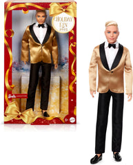 Barbie Signature 2025 Holiday Blonder Ken Modepuppe zum Sammeln in komplettem Anzug mit Goldener Jacke in Einer Verpackung zum Ausstellen und mit Puppenständer, JGK55