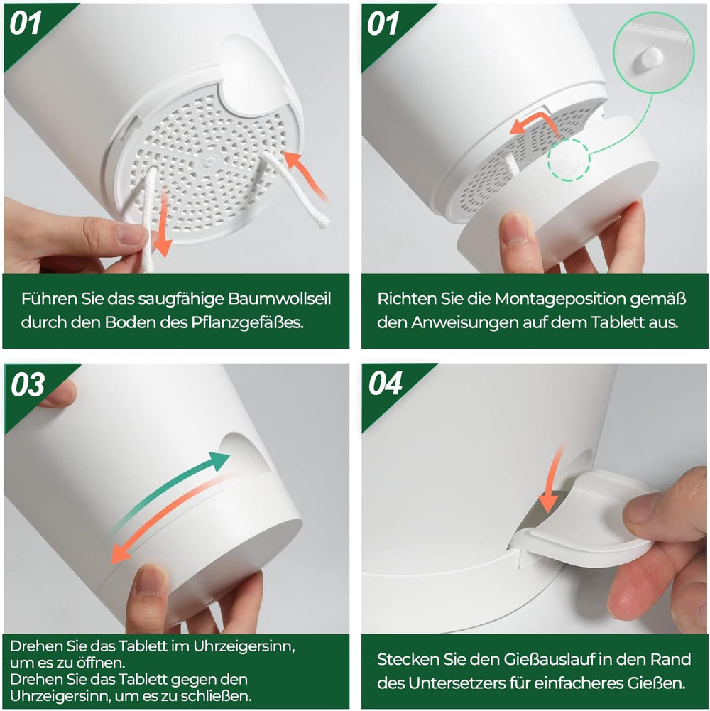 T4U 14cm Plastikowe doniczki z systemem podlewania, zestaw 6 samonawadniających się doniczek i spodków, okrągłe doniczki do roślin ogrodowych na balkonach, sukulentów, kaktusów, białe