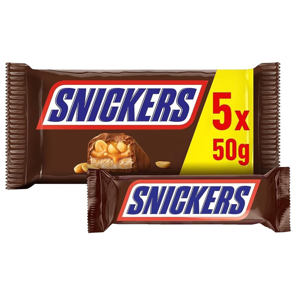 Snickers Batonik Czekoladowy Karmel Orzechowy, 5 batoników | Piłka nożna z przekąskami | (1x5x50g)