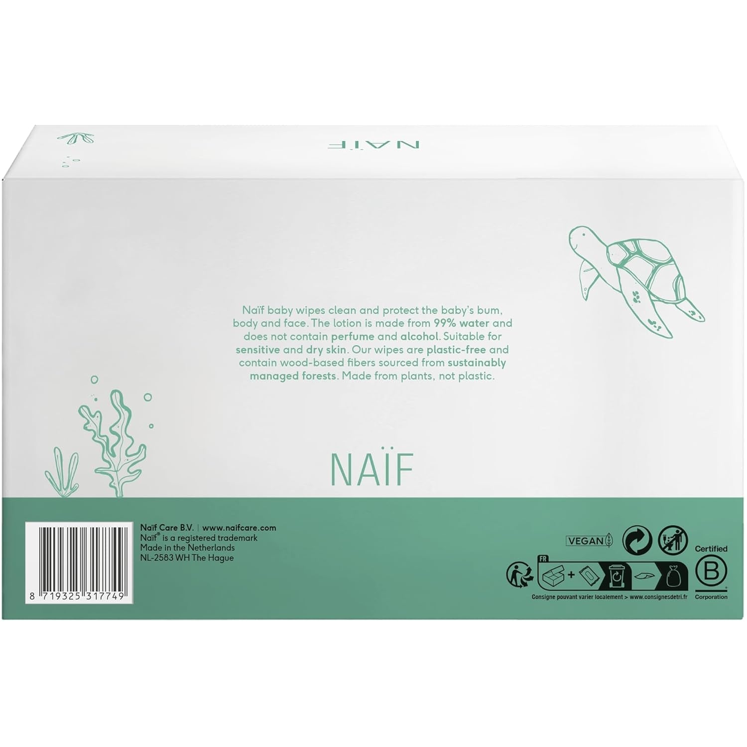 Naïf - Șervețele umede fără plastic - 864 bucăți (16 pachete a câte 54 de șervețele) - Îngrijire pentru fundulețul, corpul și fața bebelușului - 99% apă - 0% parfum și alcool
