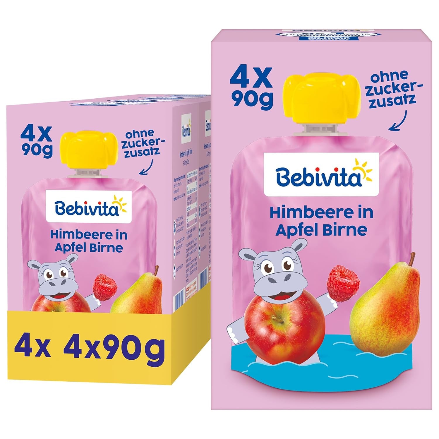 Himbeere in Apfel Birne Quetschie – 16 Stück (4er Pack, je 4 x 90g), ohne Zuckerzusatz, glutenfrei, idealne dla unterwegs i selbständiges Snacken