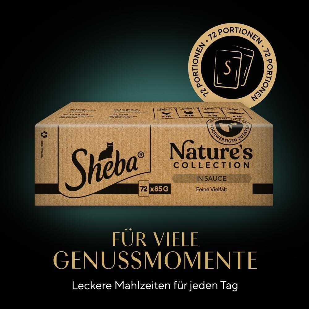 Colecția SHEBA Nature's în sos - Hrană umedă de înaltă calitate pentru pisici, varietate fină (MSC) în pliculețe porționate - 72 x 85g