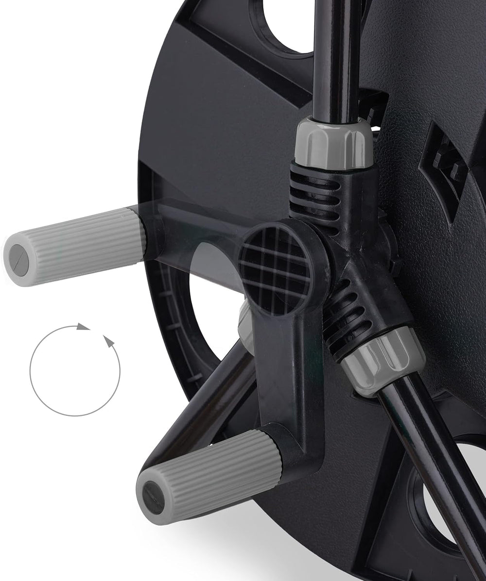 Rolă furtun Relaxdays, pentru furtun de 30 m 1/2", oțel, plastic, suport furtun, HL: 38 x 42 x 31 cm, negru/gri