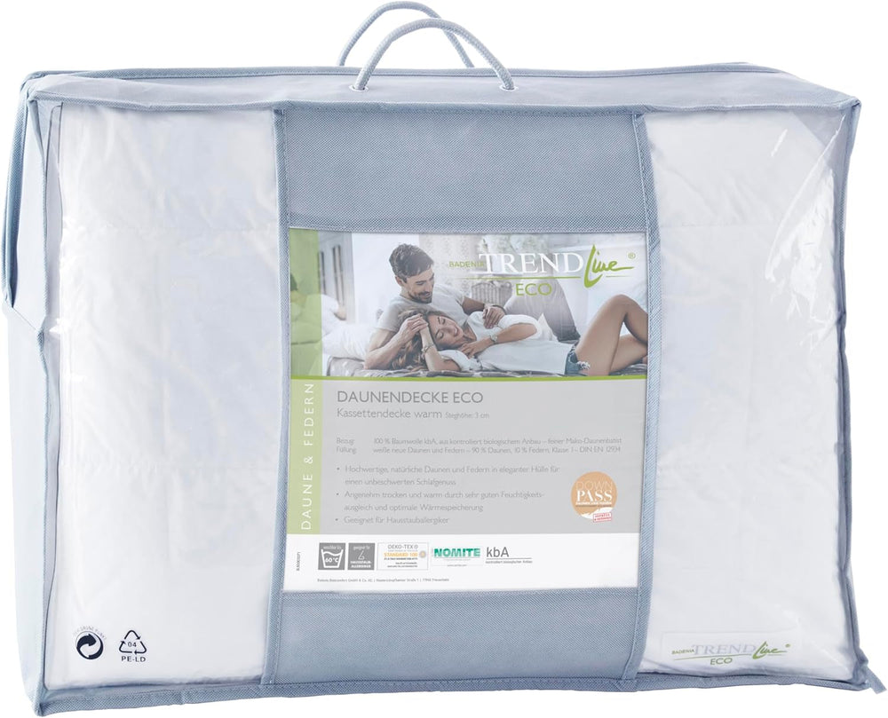 Badenia Trendline Ciepła kołdra Eco 90% puch i 10% pierze klasa I, 135 X 200 cm, biała, z certyfikatem Oeko-Tex, wyprodukowana zgodnie z niemieckimi standardami jakości. Kołdry i kołdry Naty Shop