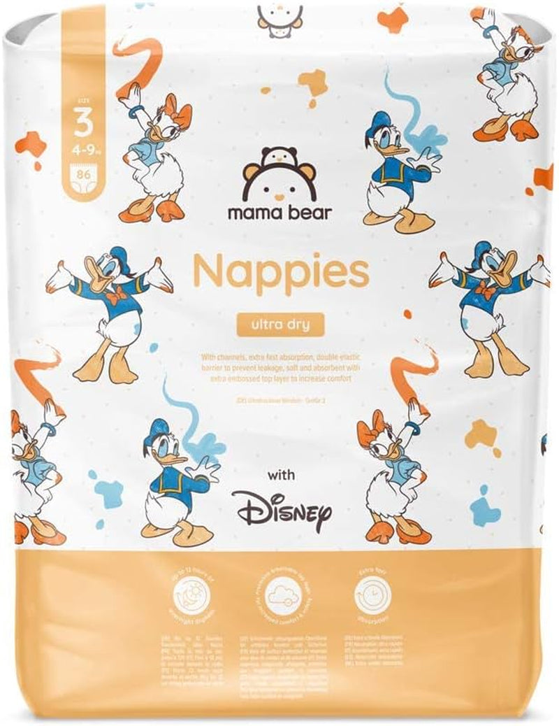 Marka Amazon: pieluszki Mama Bear Disney Ultra Dry, rozmiar 3 (4–9 kg) – pudełko miesięczne, białe, 172 szt. (2 opakowania po 86 szt.)