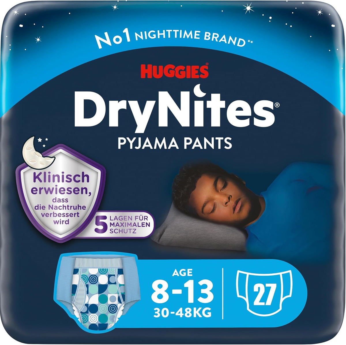 Huggies DryNites Super chłonne pieluszki nawilżające na noc dla chłopców 8-13 lat (30-48kg) 27 sztuk (3 x 9 sztuk) Pieluchy majtkowe