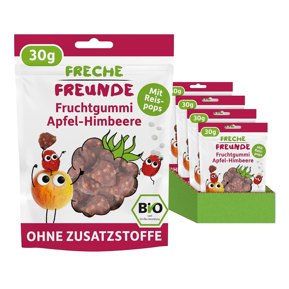 FRECHE FREUNDE Organiczne galaretki owocowe, lizaki jabłkowe, malinowe i ryżowe, słodka owocowa przekąska dla dzieci, bezglutenowe, wegańskie, opakowanie 20 szt. (20 x 30g)